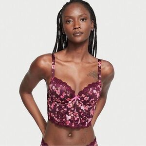 NWT Victoria’s Secret Dream Angels Burgundy Floral Lace Up Corset Bra Top Sz 32C